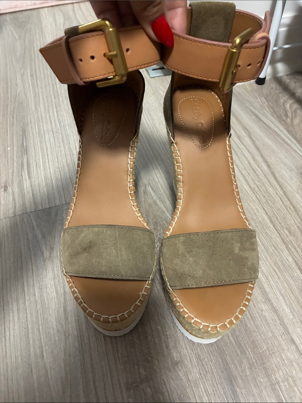 See by Chloe Women's Tan Suede Espadrille Wedge Sandals with Ankle Strap